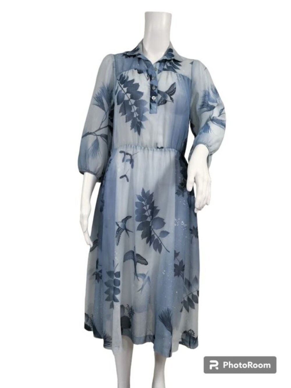 VTG 60's Petites By Penny Young Floral Bird Print Midi Dress Blue Womens Size 10 - Picture 2 of 15